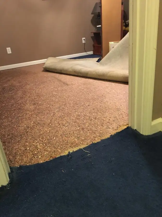 Carpet pad removal revealing water damage during Water Mitigation Services in Tacoma